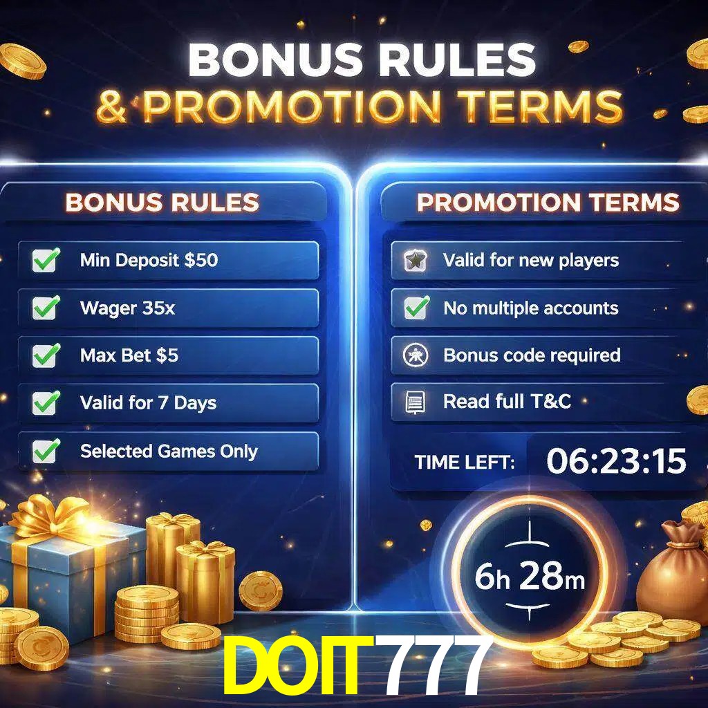 Reglas de promoción DOIT777 y condiciones de bonos explicadas visualmente