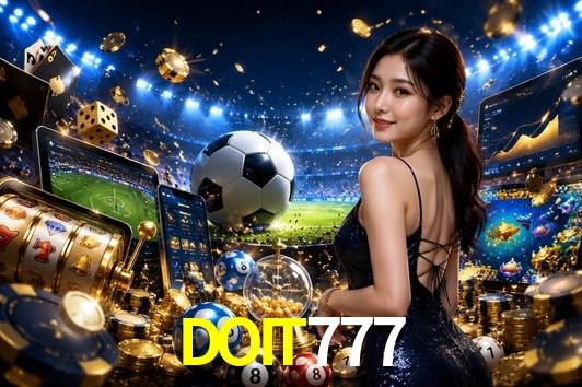 Escena dinámica inspirada en casino con iluminación DOIT777, cartas, fichas e íconos de juegos digitales en un espacio moderno de juegos.