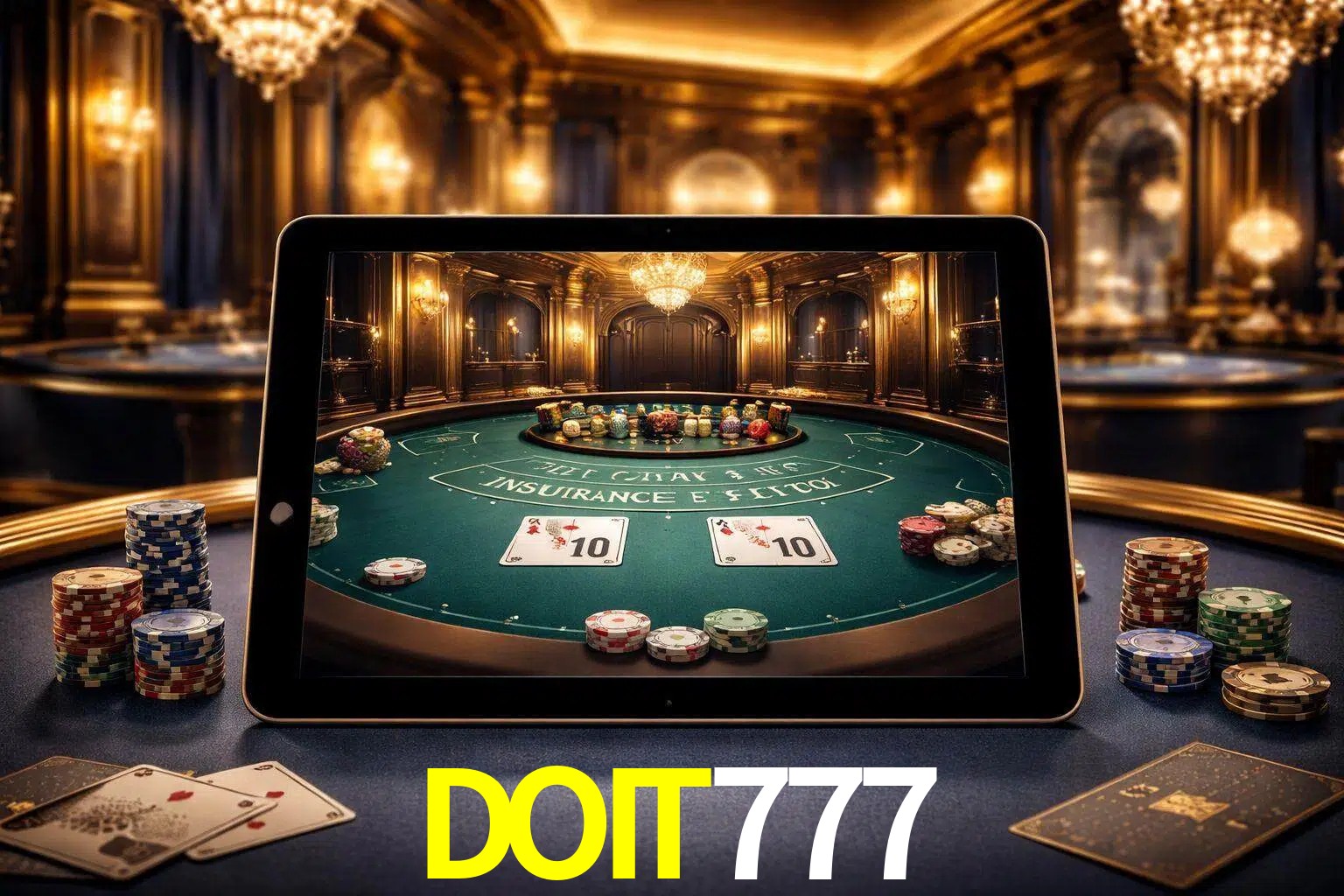 Configuración moderna de casino en vivo con una tableta mostrando una mesa de blackjack, luces cálidas de estudio y una atmósfera elegante de juegos digitales.