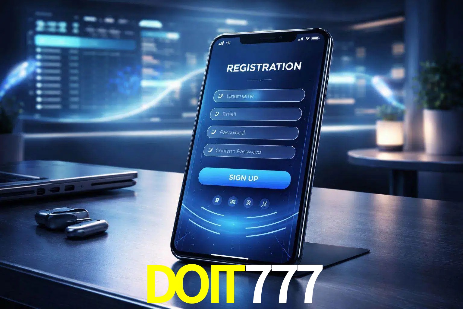 Una interfaz moderna de registro móvil para DOIT777 mostrada en un smartphone con un panel de apuestas elegante.